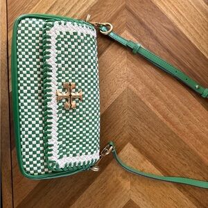 Tory Burch Green and White Checkered Crossbody Bag